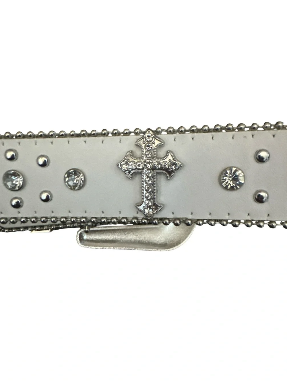 White Rhinestone Western Buckle Belt - Decorative Crosses & Silver Hardware - Picture 2 of 5